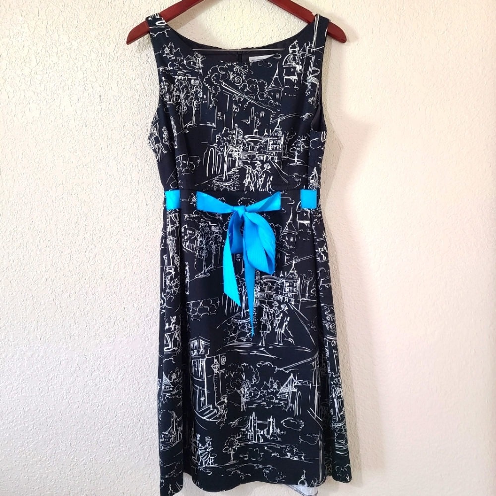 Jessica Howard Cotton A-Line Sleeveless black&white city scene dress Size 16